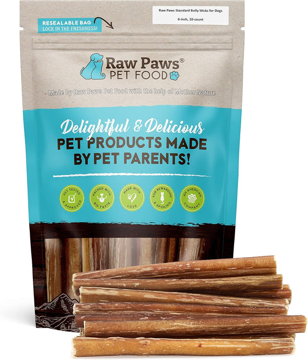 Raw Paws Standard Bully Sticks for Small Dogs - 6-Inch (10 Count), Low Odor Junior Chews, Rawhide Alternative