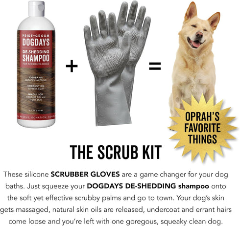 Pride and Groom DogDays De-Shedding The Scrub Kit - Natural Dog Shampoo with Silicone Scrubber Gloves for Detangling