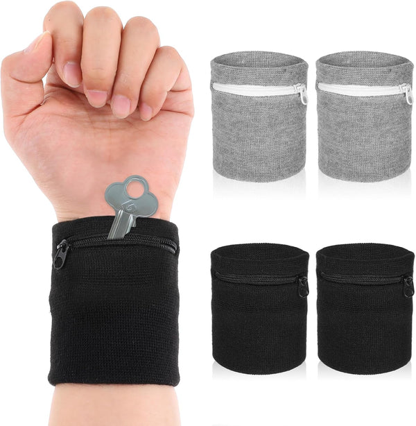 Mabor 4Pcs Wrist Wallet, Wrist Sweat Bands with Zipper Light Pocket Sports Absorb