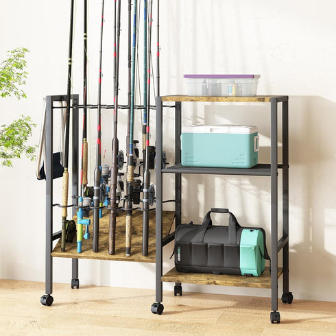 Fishing Rod Rack with Wheels, Metal Fishing Gear Shelf for Up to 12 Rods, Fishing Pole Storage Cart for Home Entryway