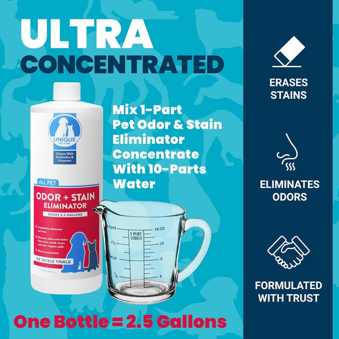 Unique Pet Odor and Stain Eliminator - 32 oz Liquid Concentrate, Bio-enzymatic Formula