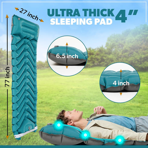 Inflatable Camping Sleeping Pad, Thick 4 Inch Ultralight Mat with Pillow and Built-in Foot Pump