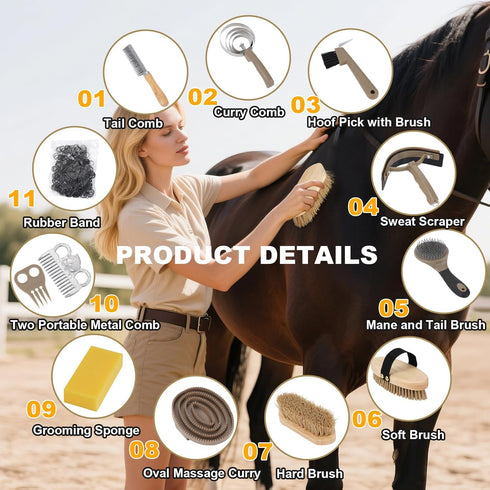 Uross 15PCS Set Horse Grooming Kit - Horse Brush with Organizer Tote Bag Care Cleaning Kit with Brush & Comb
