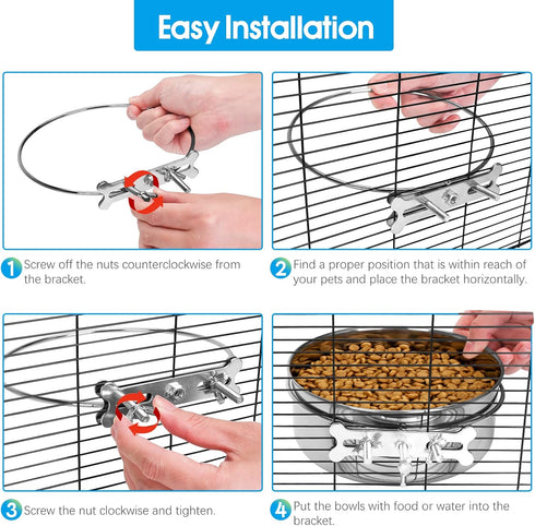 Dog Food Water Bowl with Clamp Holder, Stainless Steel Non-Spill Hanging Bowls for Small Medium Large Dogs (Silver, M)