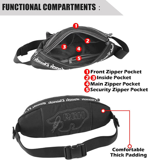 Rough Enough Men's Fanny Pack, Tactical Crossbody Waist Pack Bag for Hunting, Hiking, Fishing, Black Cordura