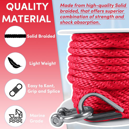 Premium Anchor Rope 50ft x 3/8 inch, Solid Braid MFP Marine Rope, Boat Anchor Line with Thimble & Shackle