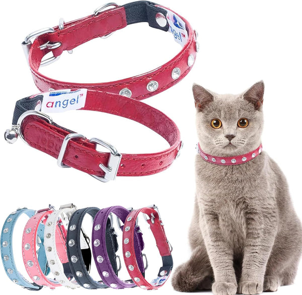 Angel Athens Red Rhinestone Leather Cat Collar, 12" x 1/2", Elastic Break-Away Safety