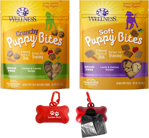 Wellness Puppy Dog Training Treats, Natural Grain-Free Bites, Bundle with Luving Pets Waste Bag Dispenser