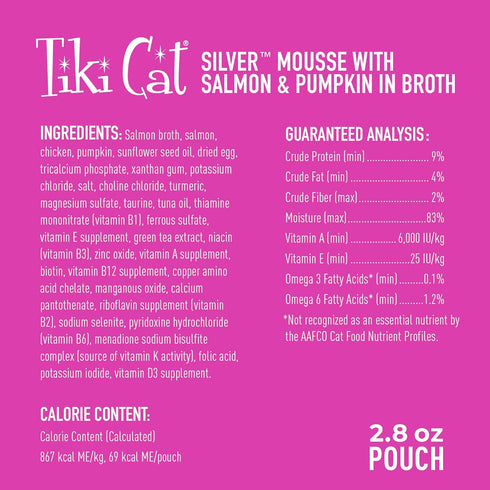 Tiki Cat Silver Mousse with Salmon & Pumpkin in Broth, Nutrient Rich for Older Cats Aged 11+, 2.9 oz. Pouch (Pack of 12)