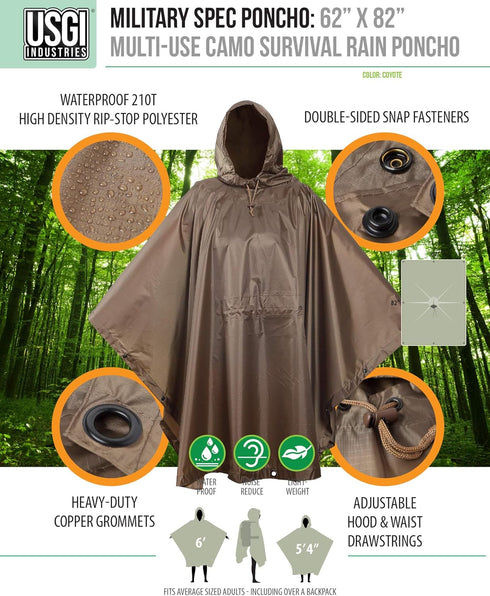 USGI Industries Military Style Poncho - Multi Use Rip Stop Camouflage Rain Poncho