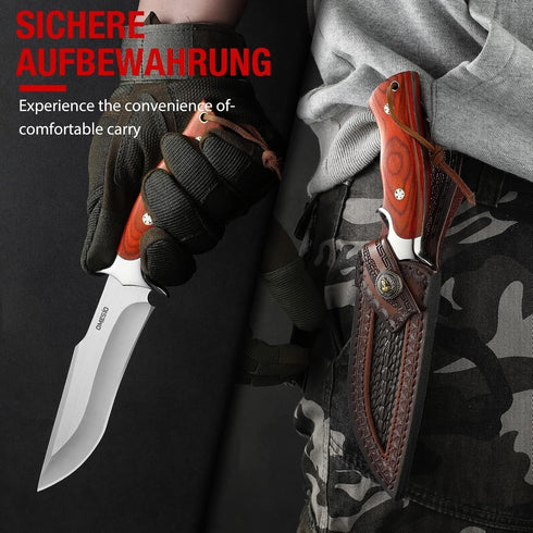 Omesio Fixed Blade Knife with Sheath, M390 Steel Survival Knife, Fulltang 60±1 HRC EDC Hunting Knives, Wood Handle