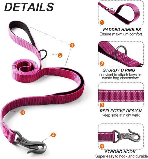 TwoEar 4FT 1IN Strong Rose Dog Leash with 2 Padded Handles, Traffic Handle Extra Control, Comfortable Soft Dual Handle, Auto Lock Hook, Reflective walking Lead for Small Medium and Large Dogs