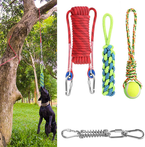 Spring Pole Dog Rope Toy - 16.8 ft Rope & Spring Pole Kit with 2 Chew Rope Toys for Medium Large Dogs