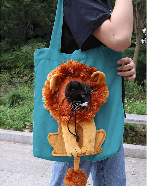 Dog Tote Bag with Zipper, Cat Shoulder Carrier, Lion-Shaped Pet Canvas Bag for Daily Use Walking Travel (L, Acid Blue)