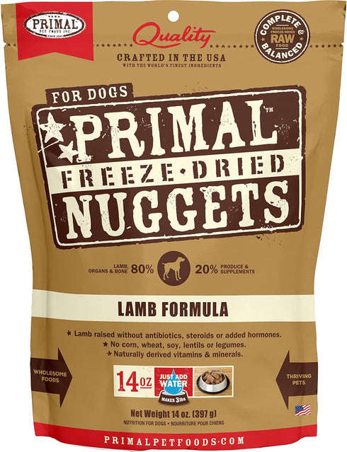 Primal Freeze Dried Dog Food Nuggets, Lamb, Complete & Balanced Meal, 14 oz