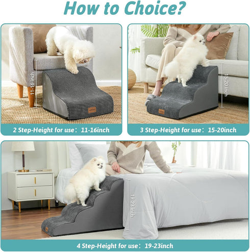 Dog Stairs for Couch or Low Bed, 3 Tiers Foam Pet Steps for Small Dogs, Dark Grey, 15.7x22.4x15.7in