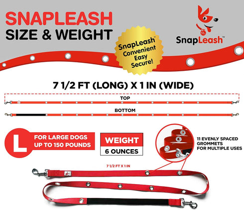 Hands Free Dog Leash Training Lead, Double Snap Grommet Adjustable, Large 1" x 7.5’ Red