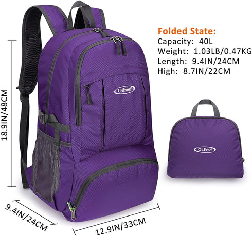 G4Free 40L Packable Backpack, Daypack Lightweight Hiking Waterproof Travel