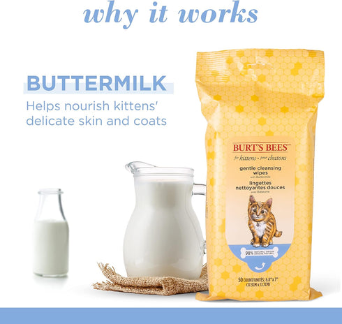 Burt's Bees for Pets Kitten Wipes Wipes - Kitten Wipes for All Cats, Safe for Kittens - Cruelty Free, Formulated without Sulfates and Parabens, pH Balanced for Cats - Made in USA, 50 Count