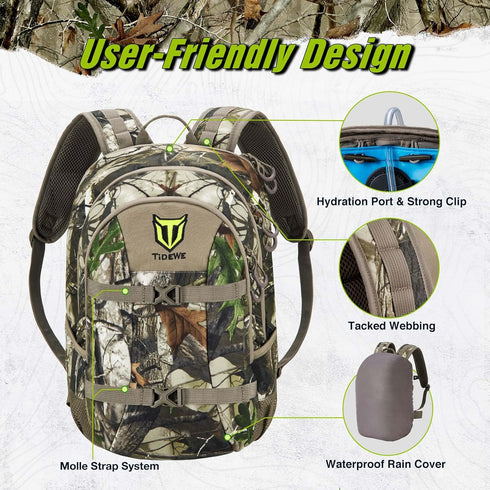 TIDEWE 25L Hunting Backpack, Durable Day Pack with Waterproof Rain Cover for Bow Rifle Gun