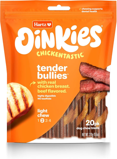 Oinkies Chickentastic Tender Bullies Dog Treats, 20 Count, Real Chicken Breast & Beef Bully Stick Flavor, Rawhide-Free