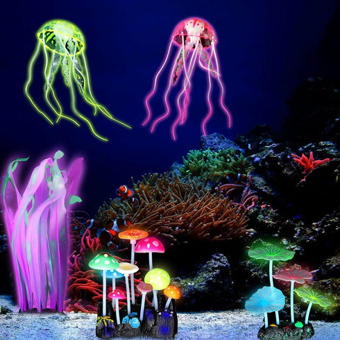 Frienda 8 Pieces Glowing Fish Tank Decorations - Plants with Glowing Kelp, Sea Anemone, Coral, Jellyfish & More