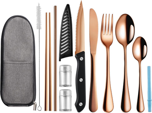 Portable Travel Utensils Set, Reusable Stainless Steel Flatware with Case, Lunch Boxes for Camping, School, Picnic