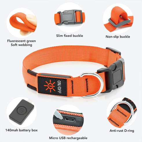 Light Up Dog Collar, Adjustable LED Dog Collar Rechargeable Waterproof for Night Walking, Glow in The Dark for Medium