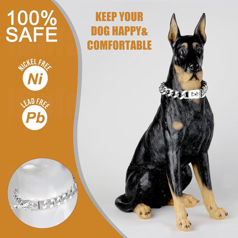 Stainless Steel Dog Chain Collar, 19mm Cuban Link with Snap Buckle and Dog Tag for Puppy Small Medium Large Dogs (24")