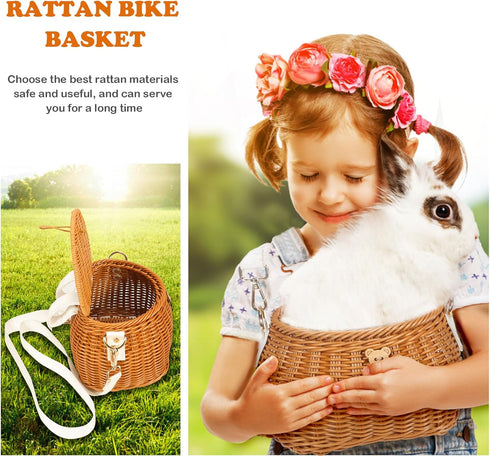 Kids Bike Basket Set, Handwoven Rattan Basket for Bike Scooter Tricycle with Lid and Shoulder Strap