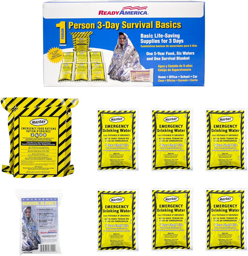 Ready America The Survival Box, 1-Person, 3-Day Emergency Kit with 5 Year Food, Water, Blanket for Disaster Preparedness
