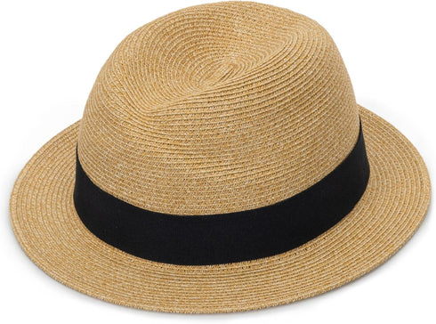 Straw Fedora Sun Hats for Women & Men, Summer Short Brim Roll Up Trilby Hat, Packable Panama Jazz Hat