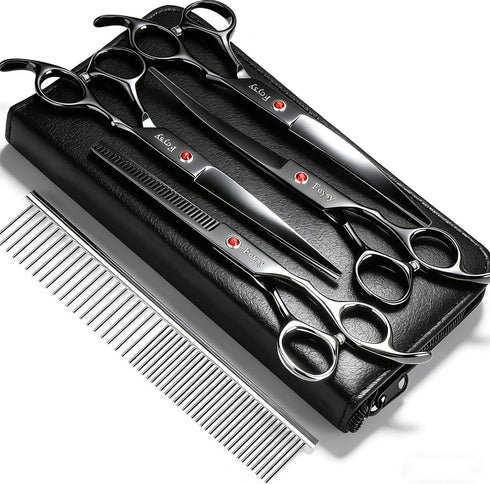Set Dog Grooming Scissors Kit, Fcysy Professional Pet Hair Cutting Shears with Curved & Straight Blades Scissors