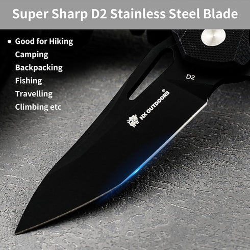 HX OUTDOORS Premium D2 Steel Folding Pocket Knife with Lock, Non-Slip G10 Handle and Pocket Clip (Black)