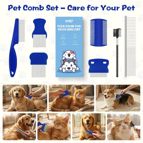 WRW 7 Pack Flea Comb,Stainless Steel Dog Cat Grooming Combs with Rounded Tooth for Remove Fleas Lice Eggs, Double Sided