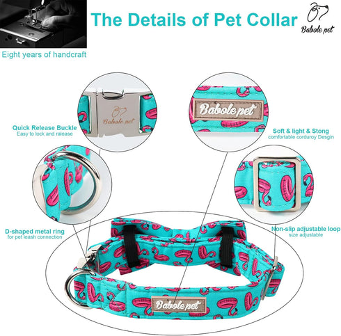 Dog Collars with Bow Tie, Green Flamingo Dog Collar with Safety Metal Buckle, Adjustable for Small Medium Large Dogs,