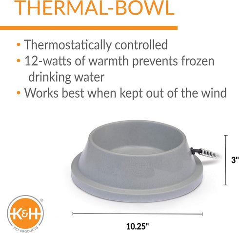 K&H Pet Products Thermal-Bowl Outdoor Heated Cat & Dog Water Bowl Gray 32 Ounces