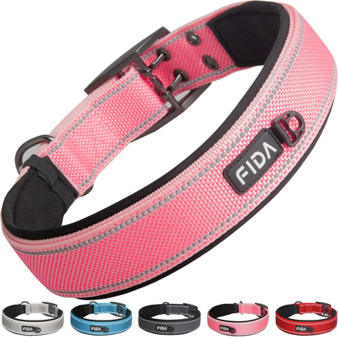 Fida Heavy Duty Dog Collar, 1.5” Width, Ultra Soft Neoprene Padded, Adjustable Reflective Nylon Collar with Two Metal