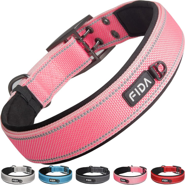 Fida Heavy Duty Dog Collar, 1.5” Width, Ultra Soft Neoprene Padded, Adjustable Reflective Nylon Collar with Two Metal