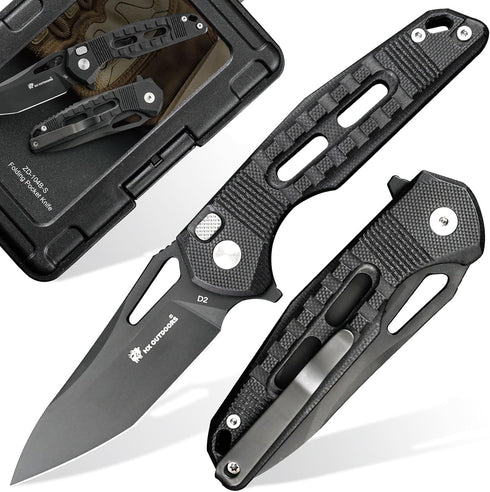 HX OUTDOORS Premium D2 Steel Folding Pocket Knife with Lock, Non-Slip G10 Handle and Pocket Clip (Black)