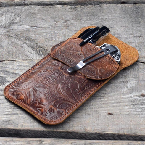 JJNUSA Leather EDC Pocket Slip, Army Knife Sleeve & Pen Holder for Everyday Carry, Camping Accessories