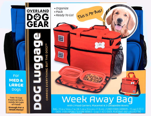 Mobile Dog Gear Week Away Dog Travel Bag (15"x7"x14", Blue) - Airline Approved with 2 Pet Food Storage Containers + 2