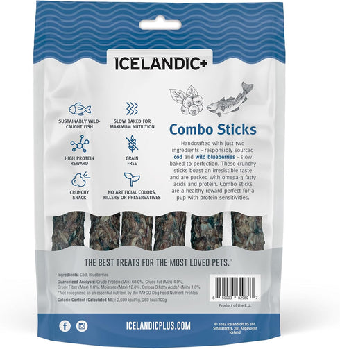 Icelandic+ Combo Sticks: Cod & Blueberry - 2oz - Dog Treats, Crunchy 2 Ingredient Pet Snacks, Preservative Free, Wild Caught Fish, Slow Baked, Natural