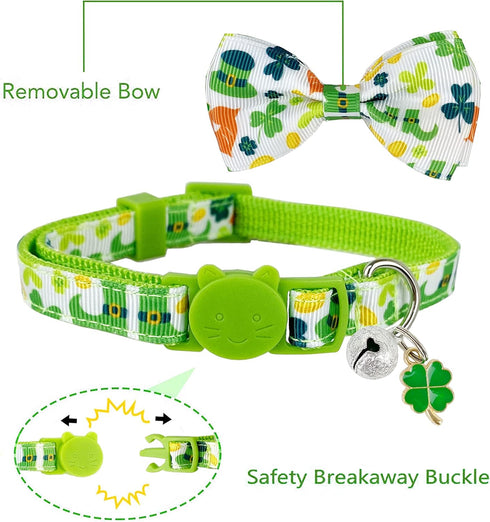St. Patrick's Cat Collar with Bow Tie and Bell, Breakaway Lucky Irish Shamrock Collar for Male and Female Cats