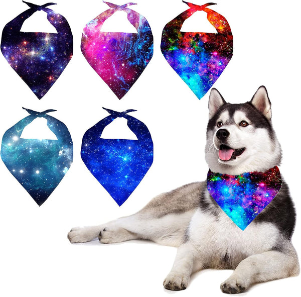 5 PCS Set Dog Bandana, Fashion Galaxy Starry Sky Purple Blue Pet Kerchief, Polyester Washable Dog Scarf Accessories