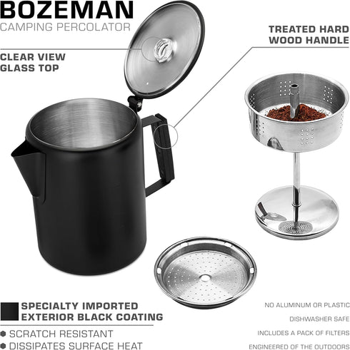 Bozeman [12 COLETTI Black Percolator Coffee Pot Camping Coffee Pot Americas Sleekest Percolator NO Aluminum or Plastic