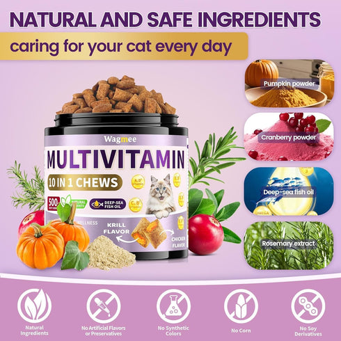 10 1 500 3s, Taurine for Cats Vitamins Treats, in Cat Multivitamin with Fish Oil - Crunchy & Creamy Chews Supports