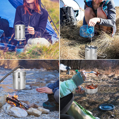 Lixada Camping Cooking Kettle 1L - Stainless Steel Pot with Foldable Handle for Hiking Backpacking Picnic