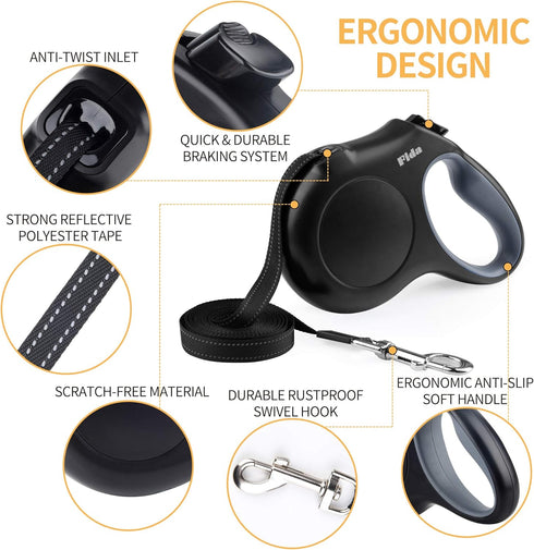 Retractable Dog Leash by Fida, 16 ft Dog Walking Leash for Small Dogs up to 26 lbs, 360° Tangle Free, Black