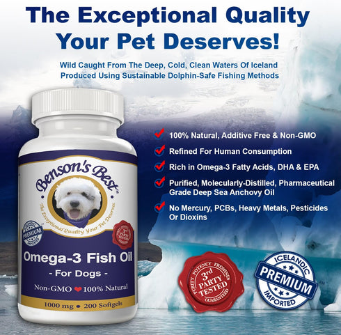 Benson's Best Omega 3 Fish Oil for Dogs - 200 Softgels, 1000 mg, 43% More Omega 3 Fatty Acids